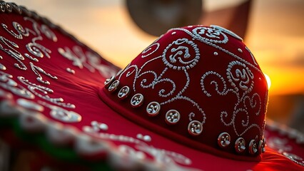 A vibrant traditional Mexican papel picado banner with intricate cut-out patterns, glowing in golden sunlight amidst festive celebrations.