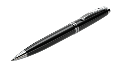 A black ballpoint pen, angled, lies on a black background.  Its smooth, glossy black body tapers slightly towards the tip, which has a metallic silver accent.  A silver band accentuates the pen's cap