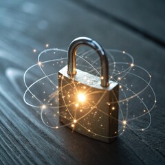 A shiny padlock surrounded by glowing particles, symbolizing security and protection in a digital...