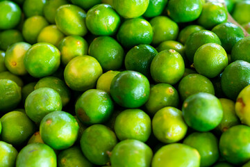 A large bin of whole organic limes from a harvest for sale at a farmer's market. The small, round fruit is vibrant green with a thick, smooth skin. The exotic fruit is sour limes that are seedless.