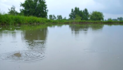 Rain drops impacting still water, ripples spreading