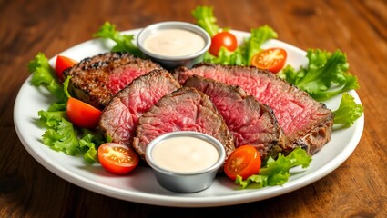 Juicy sliced steak with fresh lettuce and cherry tomatoes served with dipping sauce