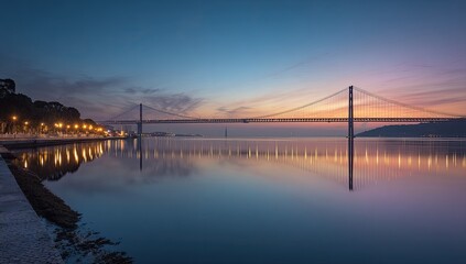 Calm river reflecting a tranquil sunrise over a bridge