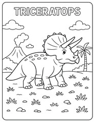 A triceratops in a prehistoric landscape coloring page with volcano and palm tree