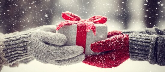 Snowy winter scene of two gloved hands exchanging a small gift box tied with a red ribbon, snowflakes falling