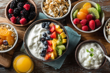 Delicious yogurt bowl with fresh fruits and granola arranged on a rustic wooden table