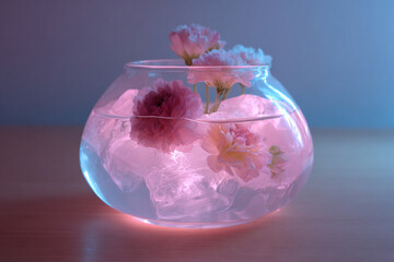 Creative floral arrangement in a glass bowl illuminated with soft lighting