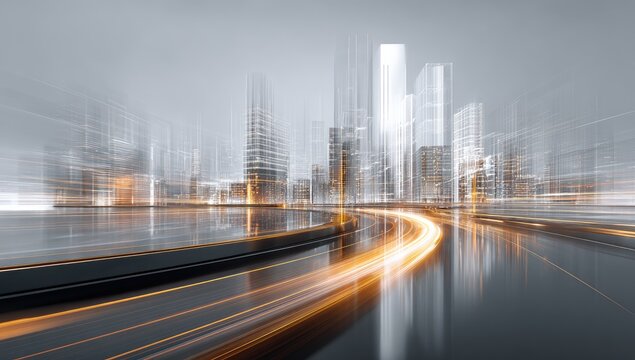 Fototapeta Futuristic city skyline with light trails