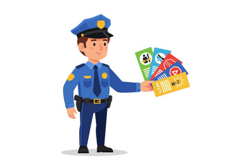 Police officer holding colorful leaflets for community event promotions. Suitable for advertising, promotions, community policing initiatives, events, and diversity campaigns.