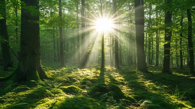 Sunbeams Through Lush Green Forest Canopy