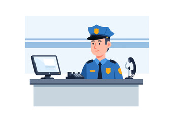 Police officer at desk in station with equipment, suitable for law enforcement blogs, educational materials, and policerelated websites.