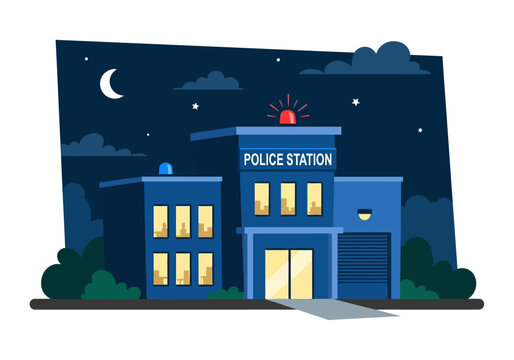 Police station under a moonlit sky, perfect for crime thriller book covers, halloween designs, and nighttime cityscape illustrations. - Powered by Adobe