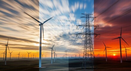 Wind turbines in a field, contrasted with different sunset/sunrise moods, showcasing renewable energy.
