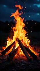Close-up shot of a roaring bonfire, embers glowing intensely against the night sky Perfect for illustrating warmth, power, and the destructive yet beautiful nature of fire , dramatic, glow