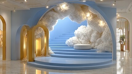 Interior scene with blue steps clouds and golden arches decorative installation.