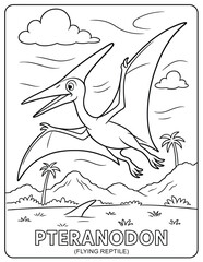 Outlined pteranodon flying over a prehistoric landscape in a coloring book page style © Shanto