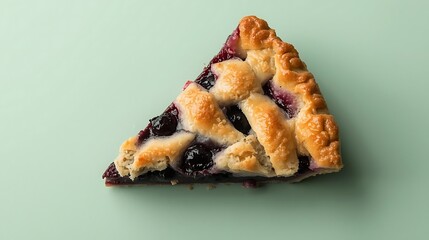 A Slice of Blueberry Pie with Golden Crust on a Mint Green Background