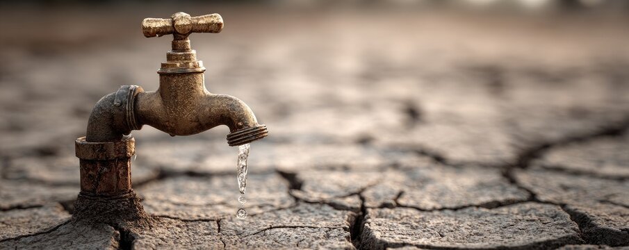Old faucet dripping water onto cracked earth