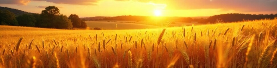 Obraz premium Golden hour sunlight bathes a vibrant summer landscape in warm, rich hues Fields of wheat sway gently in the breeze, creating a picturesque scene of idyllic summer bliss , grass, warm light