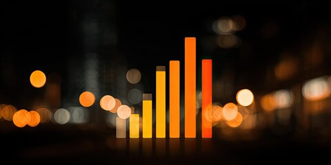 Abstract graphic of rising bar graph over a blurred city night scene