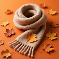 Wool Scarf with Autumn Leaves on Orange  