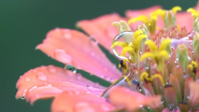 Close up of zinia flower with water drops