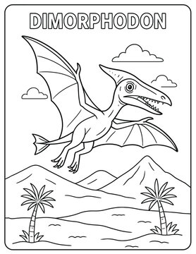 A dimorphodon coloring page with mountains and palm trees in a simple line drawing