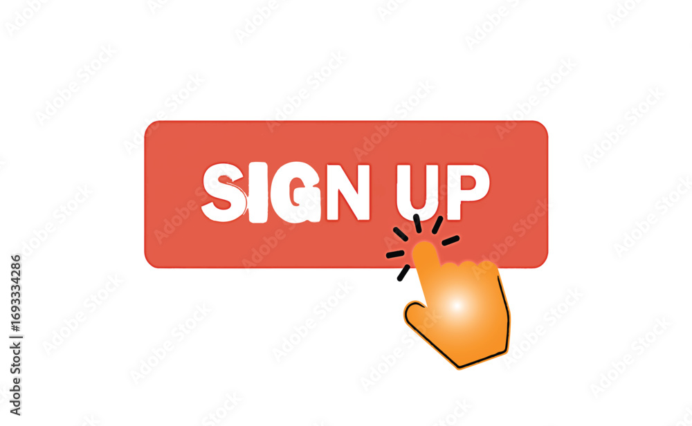 Poster vector illustration of a glowing hand cursor clicking a red sign up button for website registration 