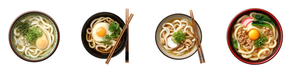 Four Delicious Bowls of Udon Noodles Served with Toppings isolated on transparent background.