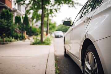 Fototapeta premium A white car parked on a city street. Blurred houses and trees