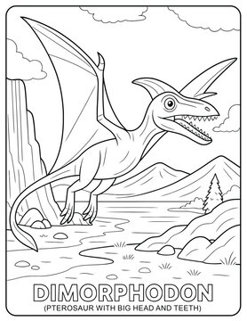Dimorphodon coloring page featuring a pterosaur with mountains and water scenery
