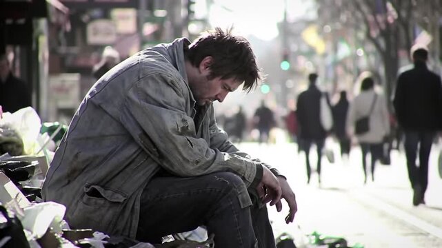 Man in Worn Blue Jacket Sitting Outdoors on Sidewalk expressing Sadness and Despair
