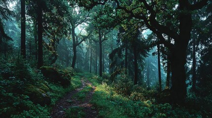 Obraz premium Forest path winds through trees with green foliage and dark moody atmosphere.