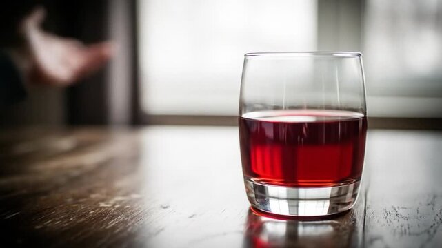 A persons hand is near a glass of red liquid on a wooden table