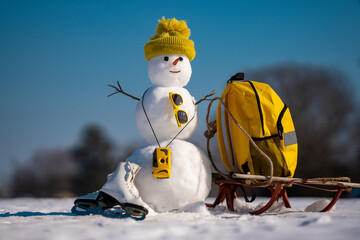 Winter gift from Snowman. Winter gifts sale concept. Snowman in hat and camera holding suitcase,...