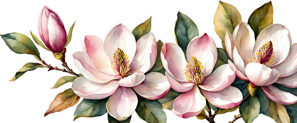 Three watercolor magnolia flowers close up on a white background. Flower illustration with petals and stamens. Magnolia artwork with soft transparent colors.