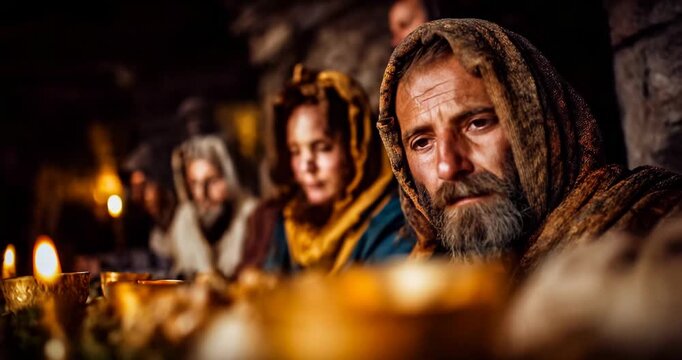 A Last Supper long table scene from a high wide lens showing expressions, slow 360&deg; pan, warm lamplight and shadows, solemn and intimate.
