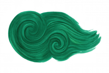 Vibrant green hair lock creating mesmerizing swirling pattern against transparent backdrop
