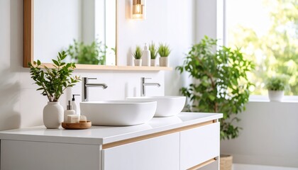 Bright bathroom with double sinks, green plants, and natural light from a window.