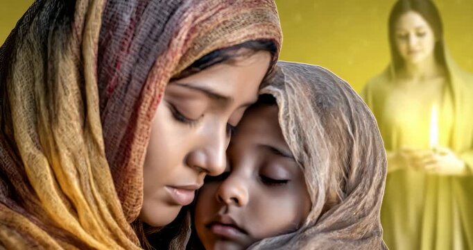 Mary Magdalene comforting a frightened child while Jesus heals nearby, two-shot steadycam push, soft golden backlight, compassionate and serene.