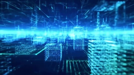 Futuristic digital cityscape with glowing data streams and abstract geometric patterns in motion - Powered by Adobe