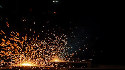 An industrial workshop with glowing sparks, showcasing dynamic energy in a dark environment.