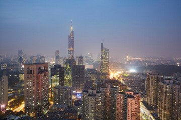 Fototapeta premium Aerial view of Nanjing city nightscape and skyscraper cluster, China