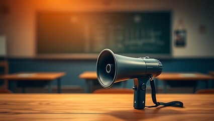 A megaphone sits on a wooden surface, with a softly blurred classroom in the background.