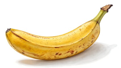 A single ripe banana with brown spots on a white background view