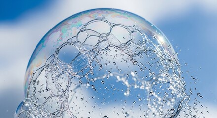 A large soap bubble with water droplets and splashes, reflecting the blue sky and clouds.