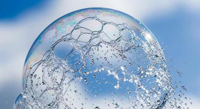 A large soap bubble with water droplets and splashes, reflecting the blue sky and clouds.