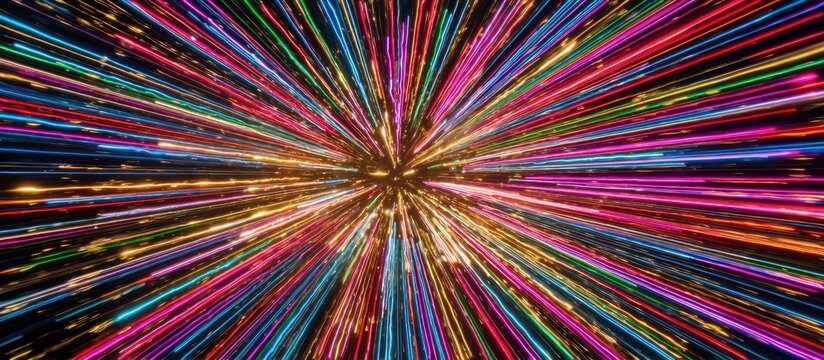 A vibrant burst of multicolored light streaks radiate from a central point