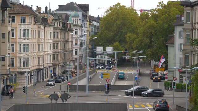 day time zurich city center traffic street crossroad tunnel top bridge panorama 4k switzerland