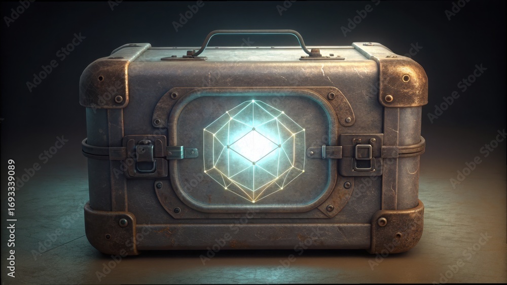 Poster old metal casing with embedded crystal design and glow effect